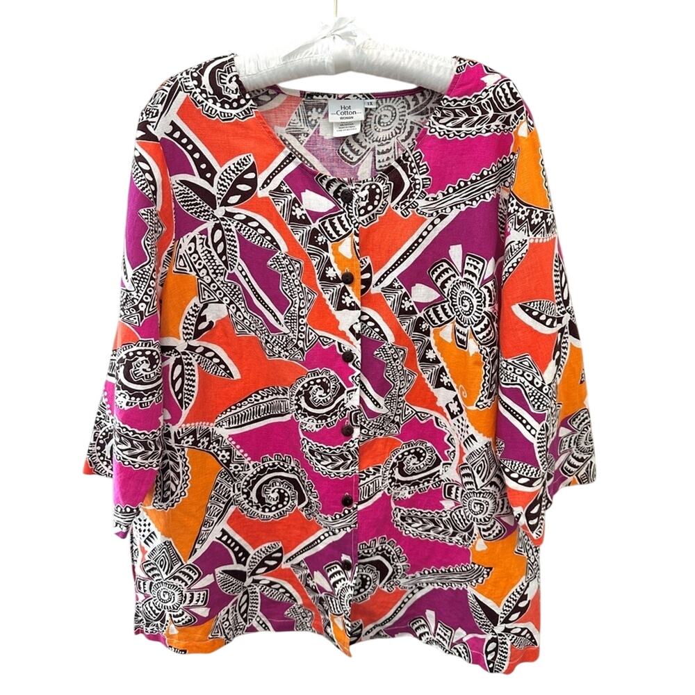 HOT COTTON | Plus Size Linen Blend Abstract Print Button Down Shirt | Size 1X